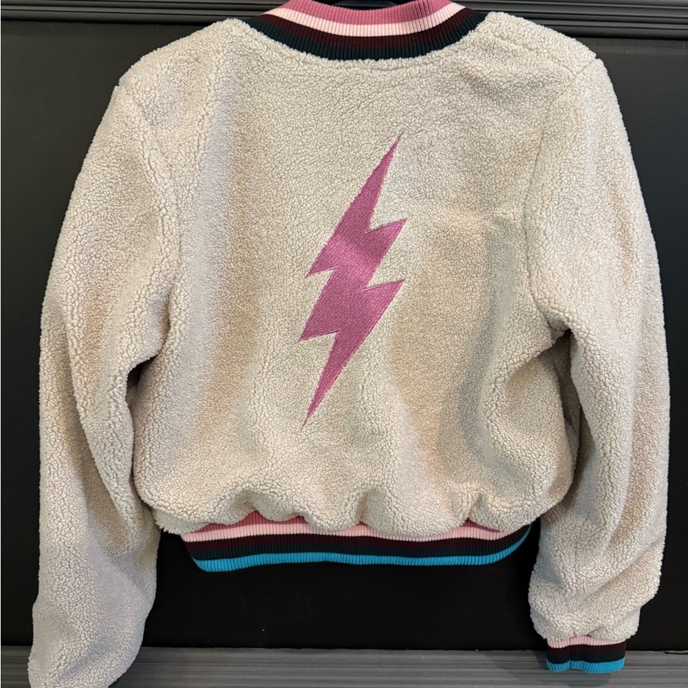 Spiritual Gangster Cream Sherpa Jacket with Pink Lightning